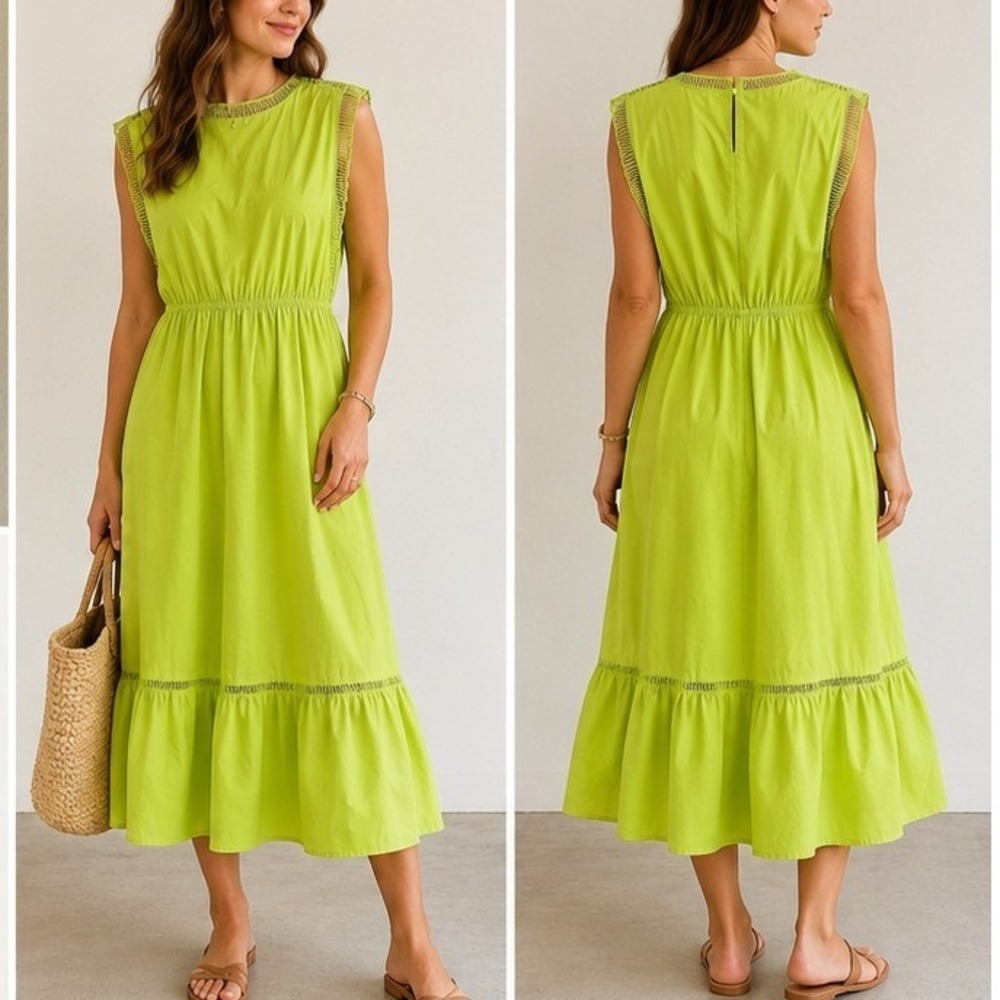 Strut & Bolt Lime Green Crochet Trim Tiered Midi Dress Sleeveless Elastic Waist